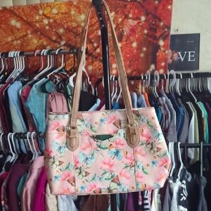 Butterfly and Floral Print Shoulder Bag